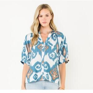 THML Blue Ikat Print Button Down Boho Blouse Lightweight Rayon Top XS